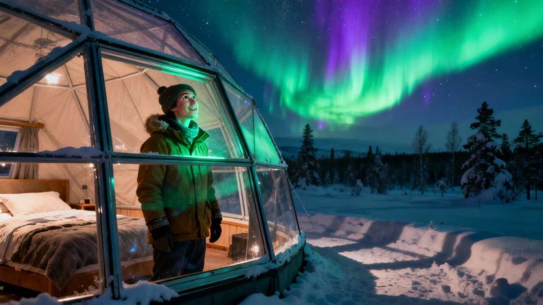 Sleep in a glass igloo and watch the Northern Lights from your bed (Saariselkä, Finland)
